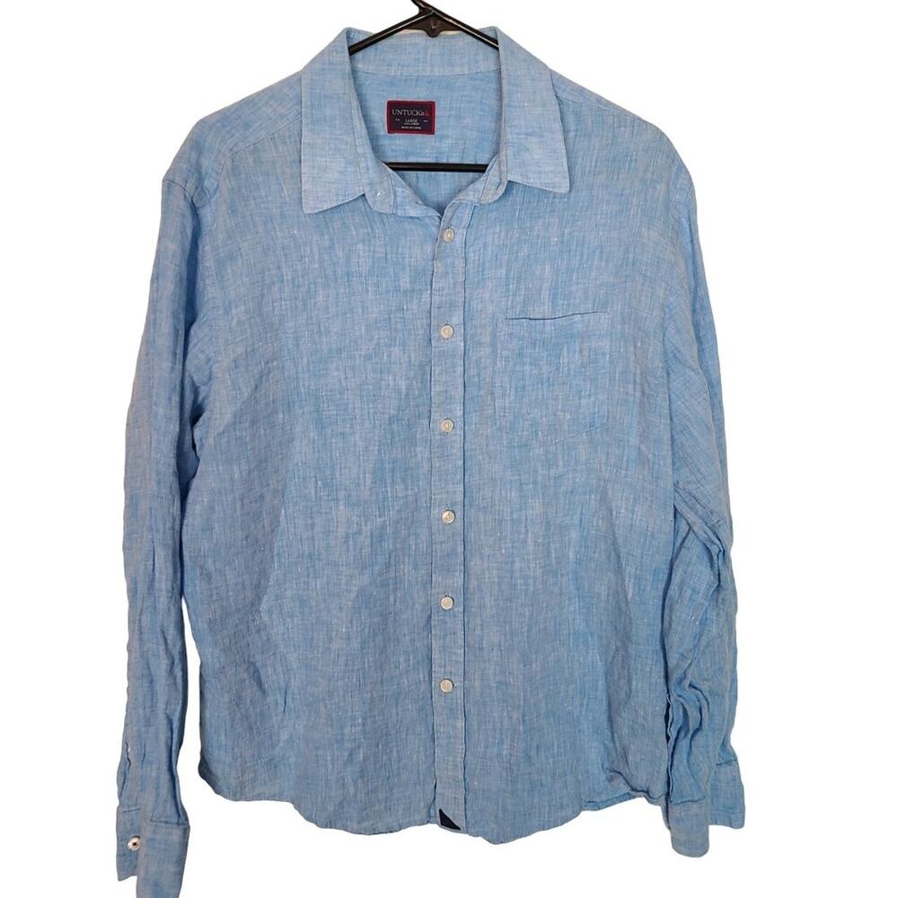 UNTUCKit Mens Linen Button Shiet Sz L Minimalist Coastal Resortwear Travel Blue